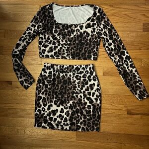 Adorable Leopard Print Long Sleeve Crop Top and Skirt set.